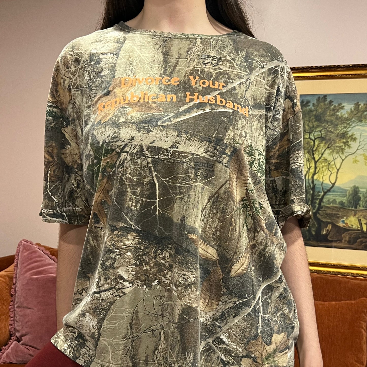 DIVORCE YOUR REPUBLICAN HUSBAND camo t-shirt with orange text (2XL)