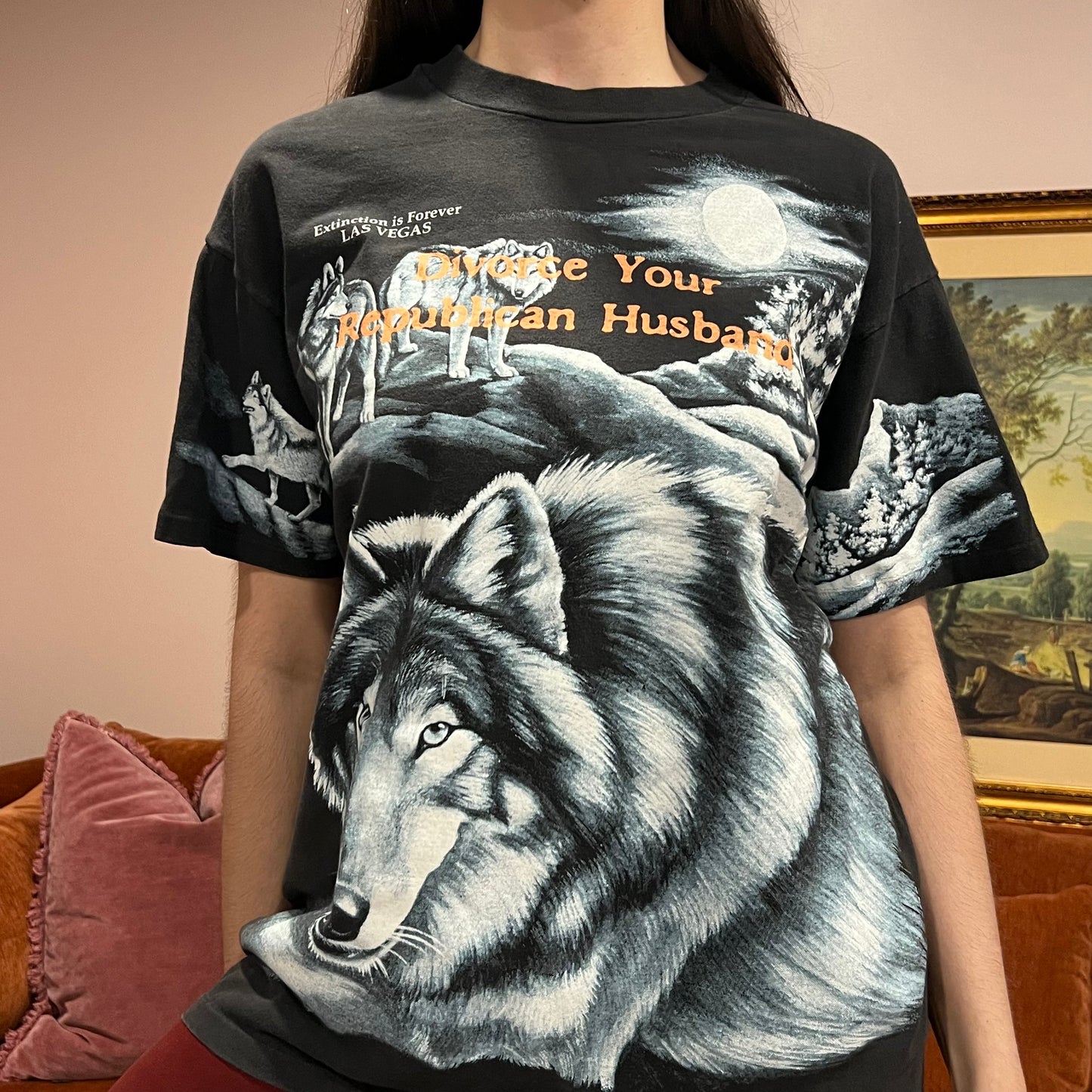 DIVORCE YOUR REPUBLICAN HUSBAND animal t-shirt with orange text (L)