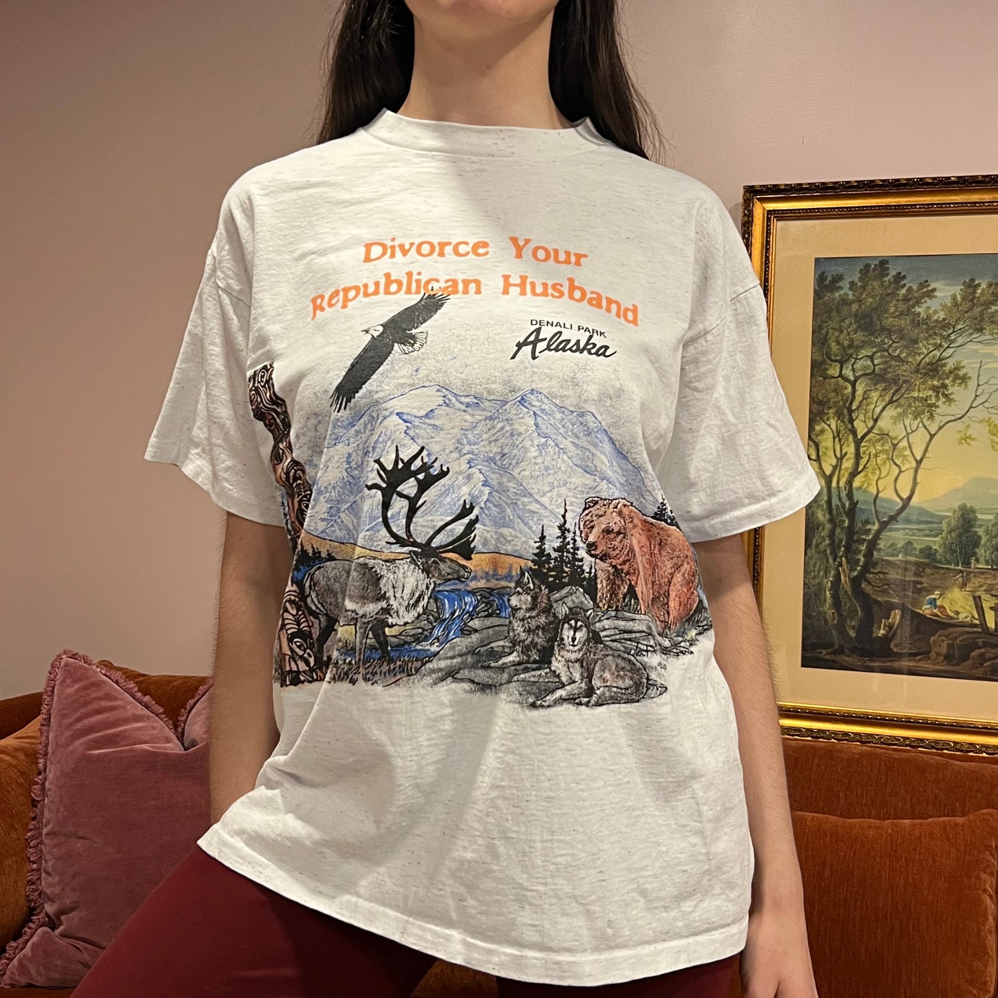 DIVORCE YOUR REPUBLICAN HUSBAND animal t-shirt with orange text (XL)