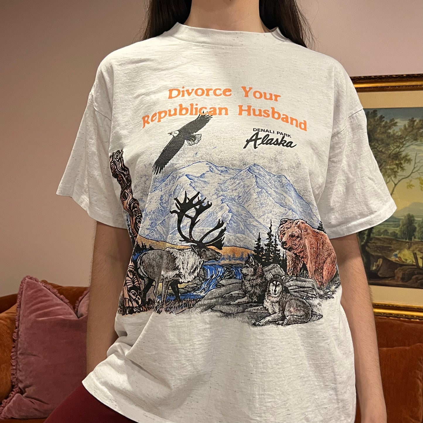 DIVORCE YOUR REPUBLICAN HUSBAND animal t-shirt with orange text (XL)