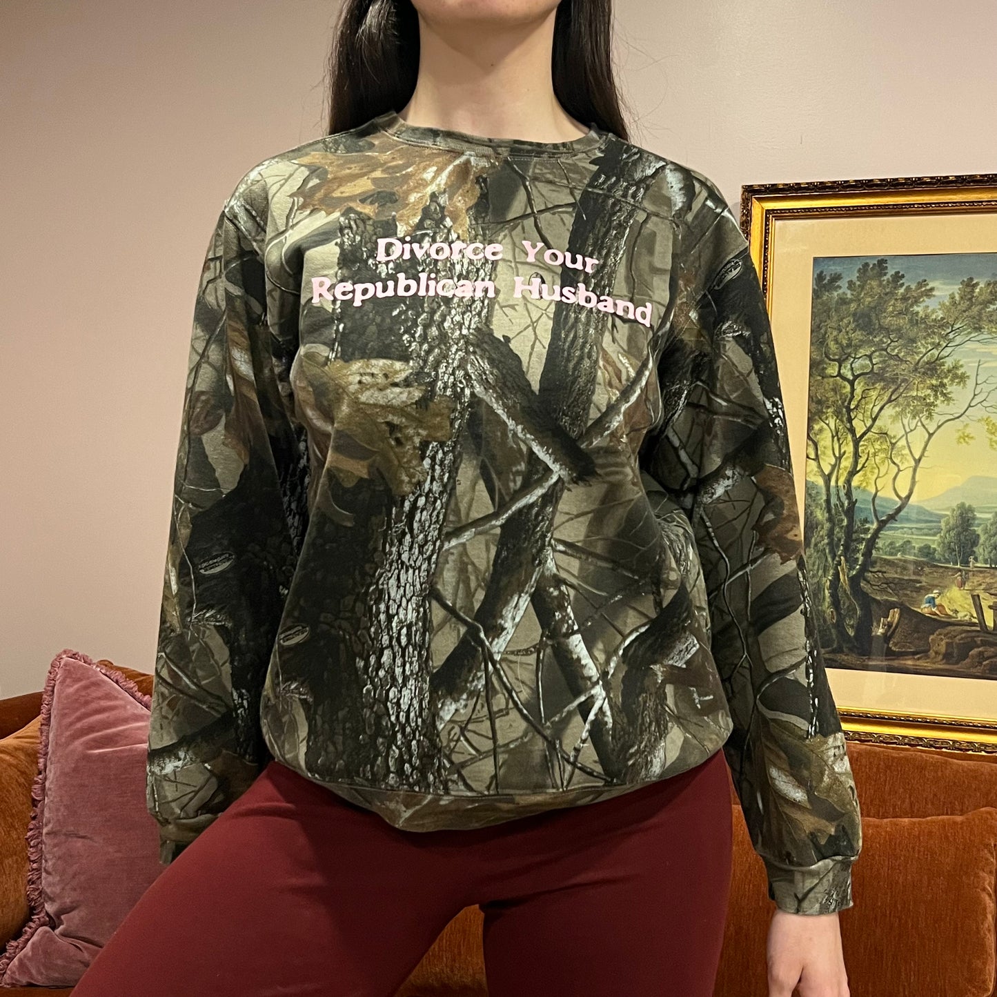 DIVORCE YOUR REPUBLICAN HUSBAND camo crewneck with pink text (S/M)