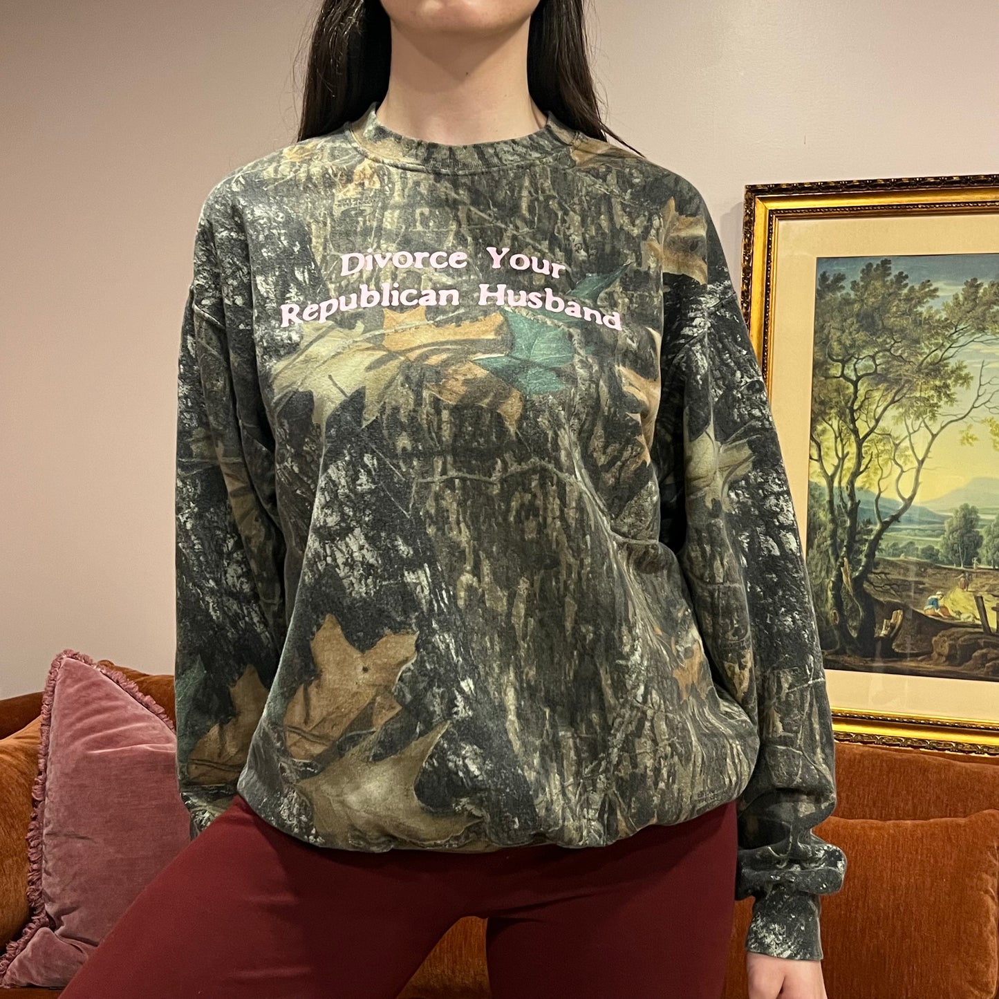 DIVORCE YOUR REPUBLICAN HUSBAND camo crewneck with pink text (L)