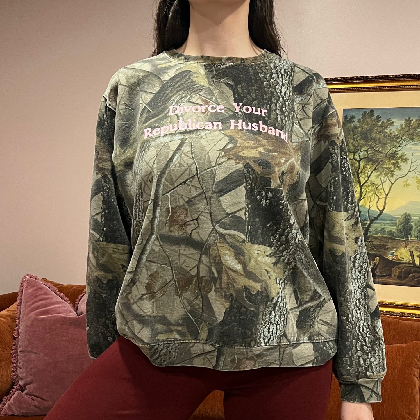 DIVORCE YOUR REPUBLICAN HUSBAND camo crewneck with pink text (M)