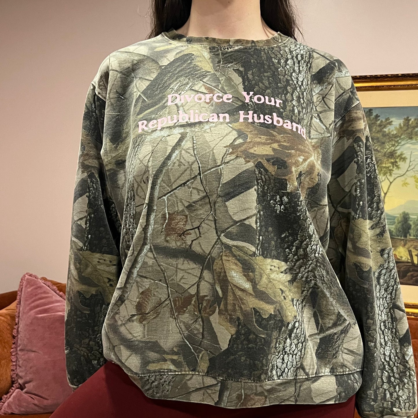 DIVORCE YOUR REPUBLICAN HUSBAND camo crewneck with pink text (M)