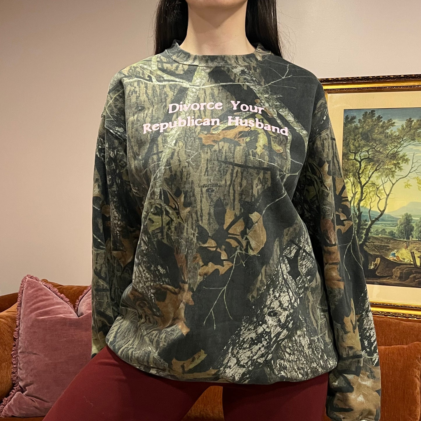 DIVORCE YOUR REPUBLICAN HUSBAND camo crewneck with pink text (L)