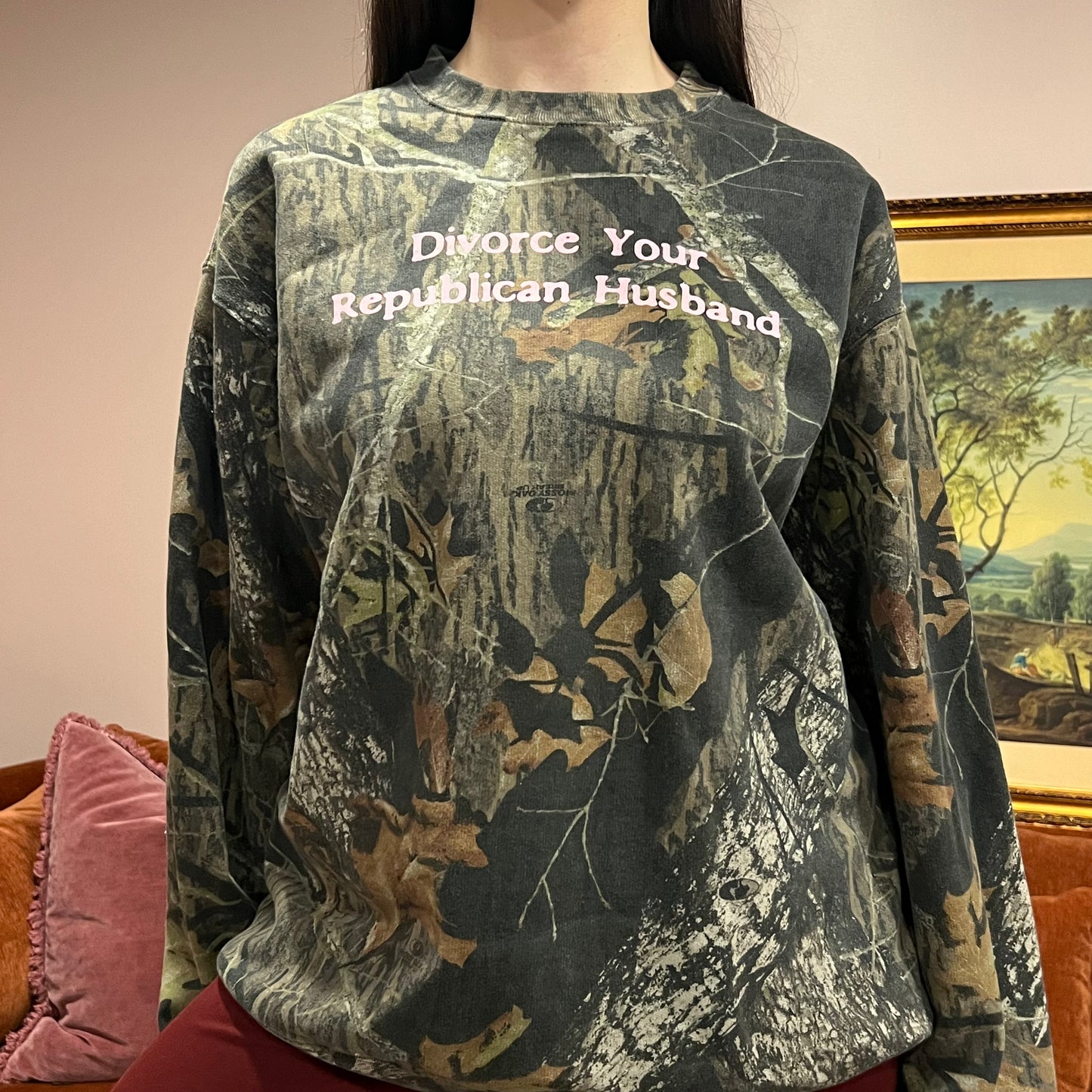 DIVORCE YOUR REPUBLICAN HUSBAND camo crewneck with pink text (L)