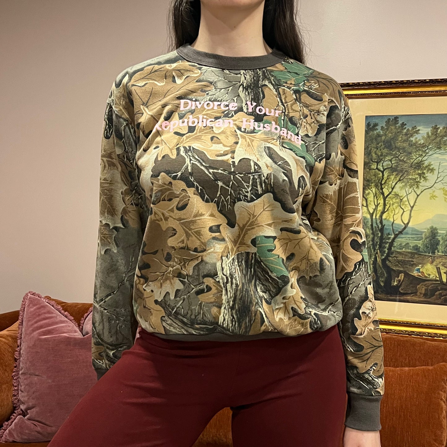 DIVORCE YOUR REPUBLICAN HUSBAND camo crewneck with pink text (S/M)