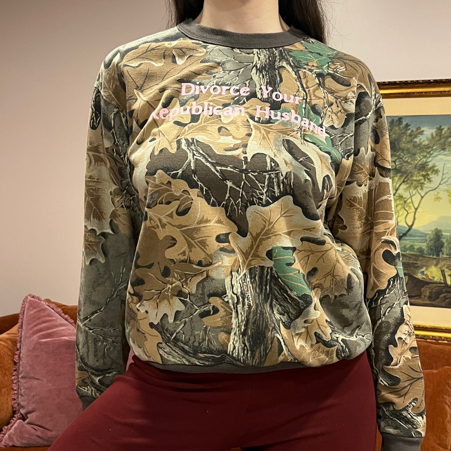 DIVORCE YOUR REPUBLICAN HUSBAND camo crewneck with pink text (S/M)