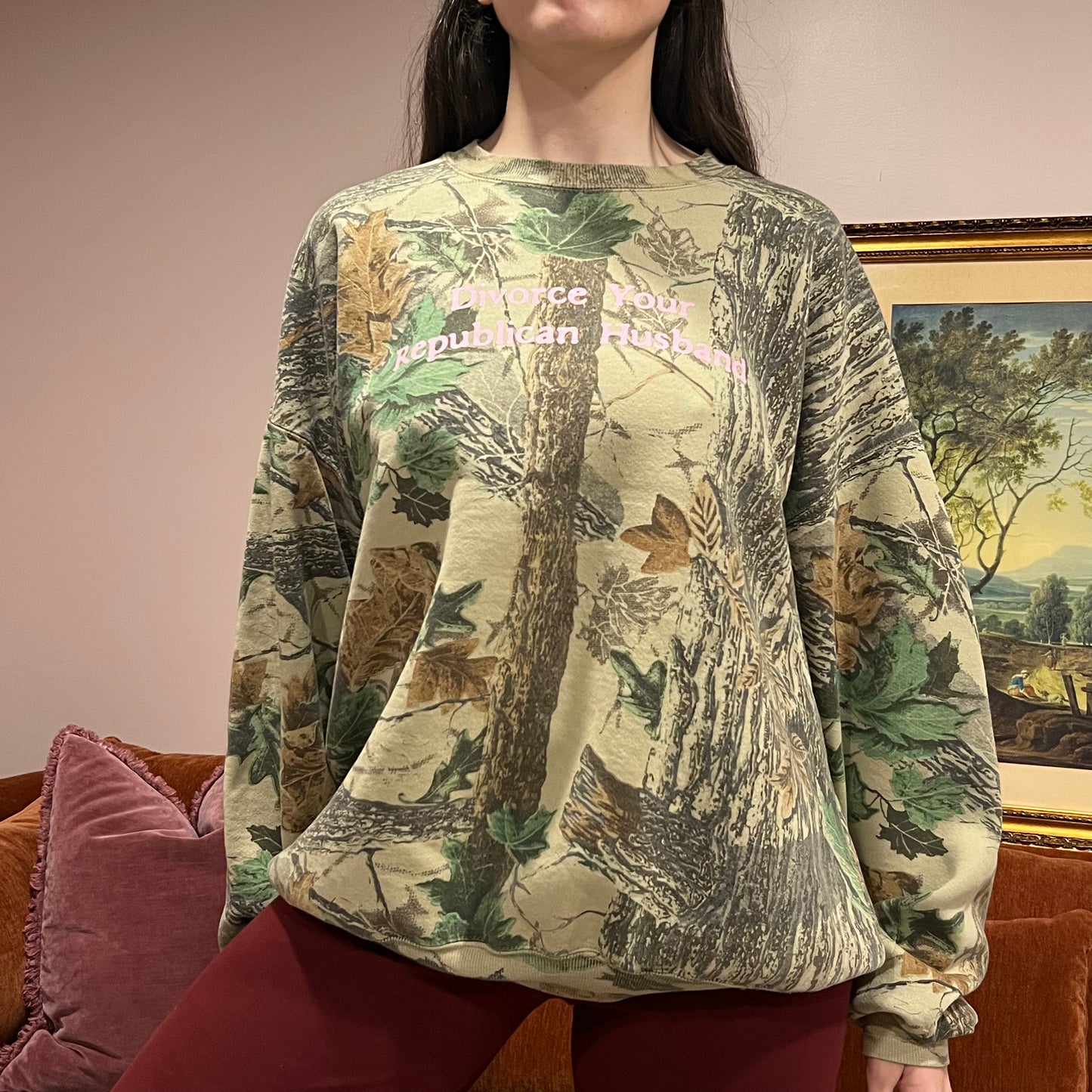 DIVORCE YOUR REPUBLICAN HUSBAND camo crewneck with pink text (3XL)