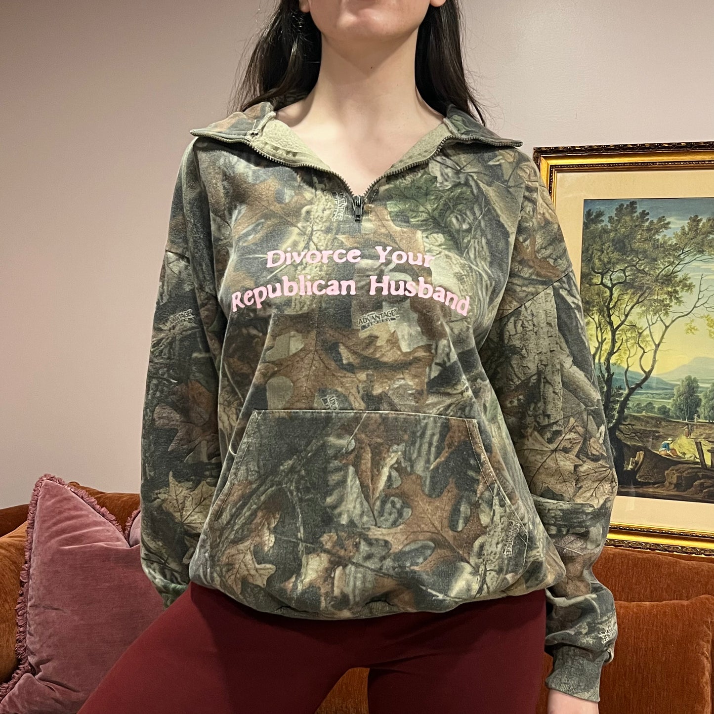 DIVORCE YOUR REPUBLICAN HUSBAND camo zip-up with pink text (XL)