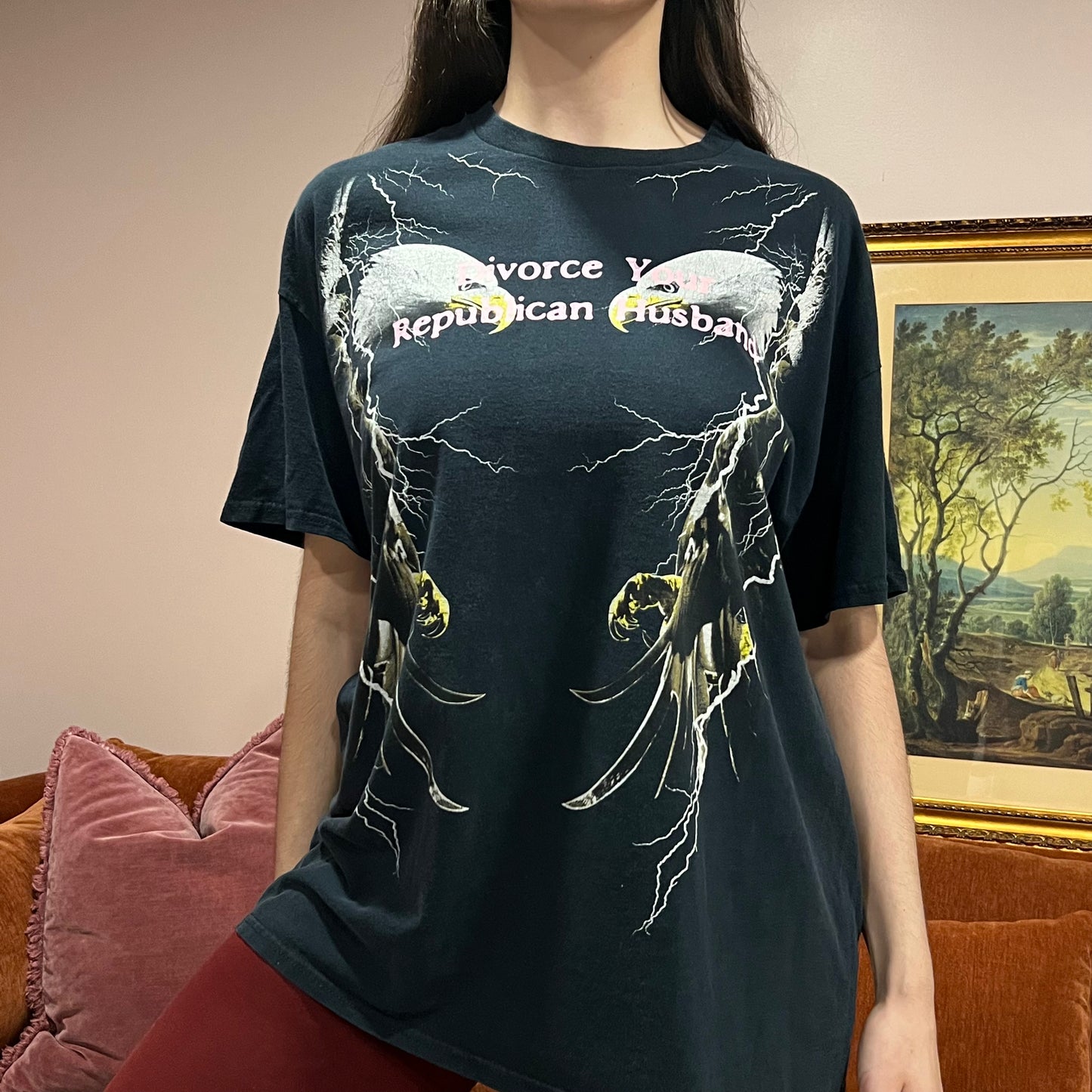 DIVORCE YOUR REPUBLICAN HUSBAND animal t-shirt with pink text (XL)
