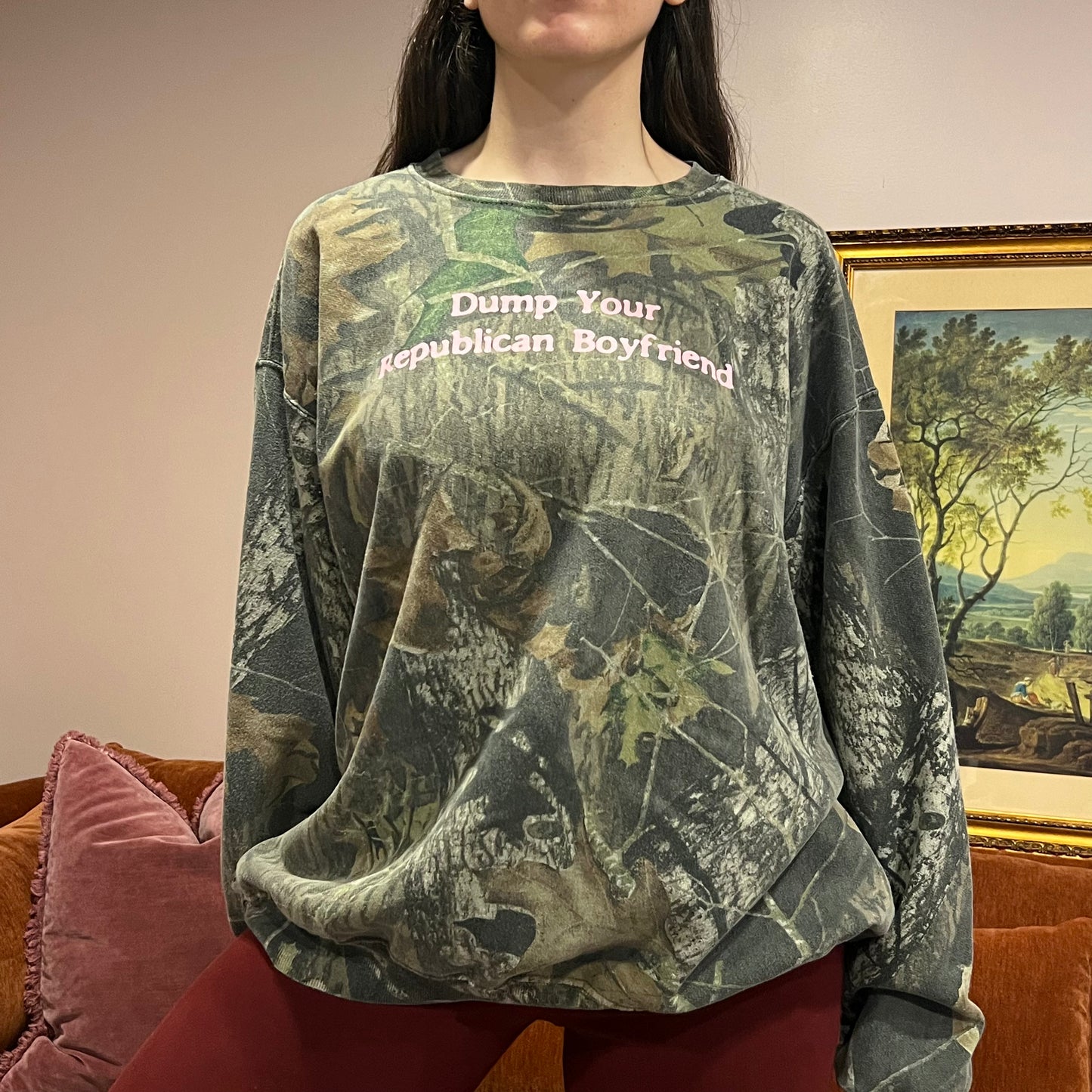 DUMP YOUR REPUBLICAN BOYFRIEND camo crewneck with pink text (2XL)