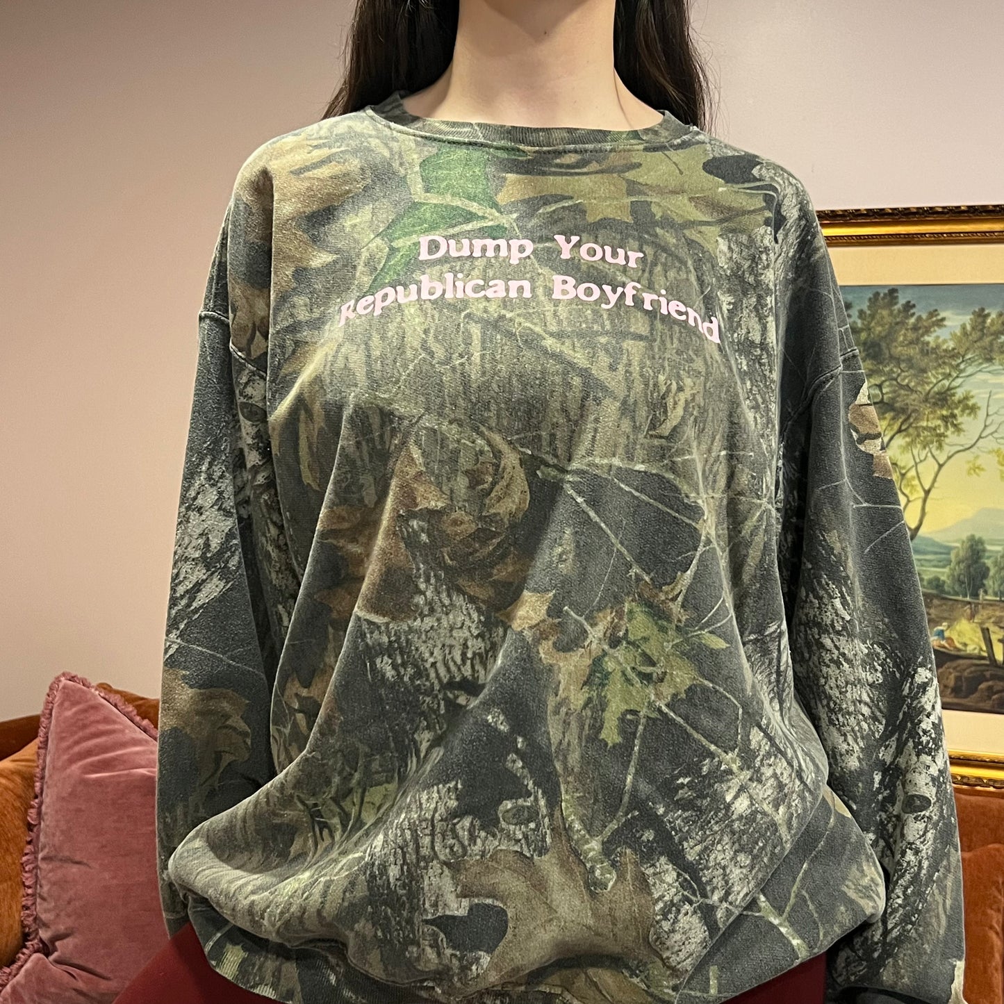 DUMP YOUR REPUBLICAN BOYFRIEND camo crewneck with pink text (2XL)