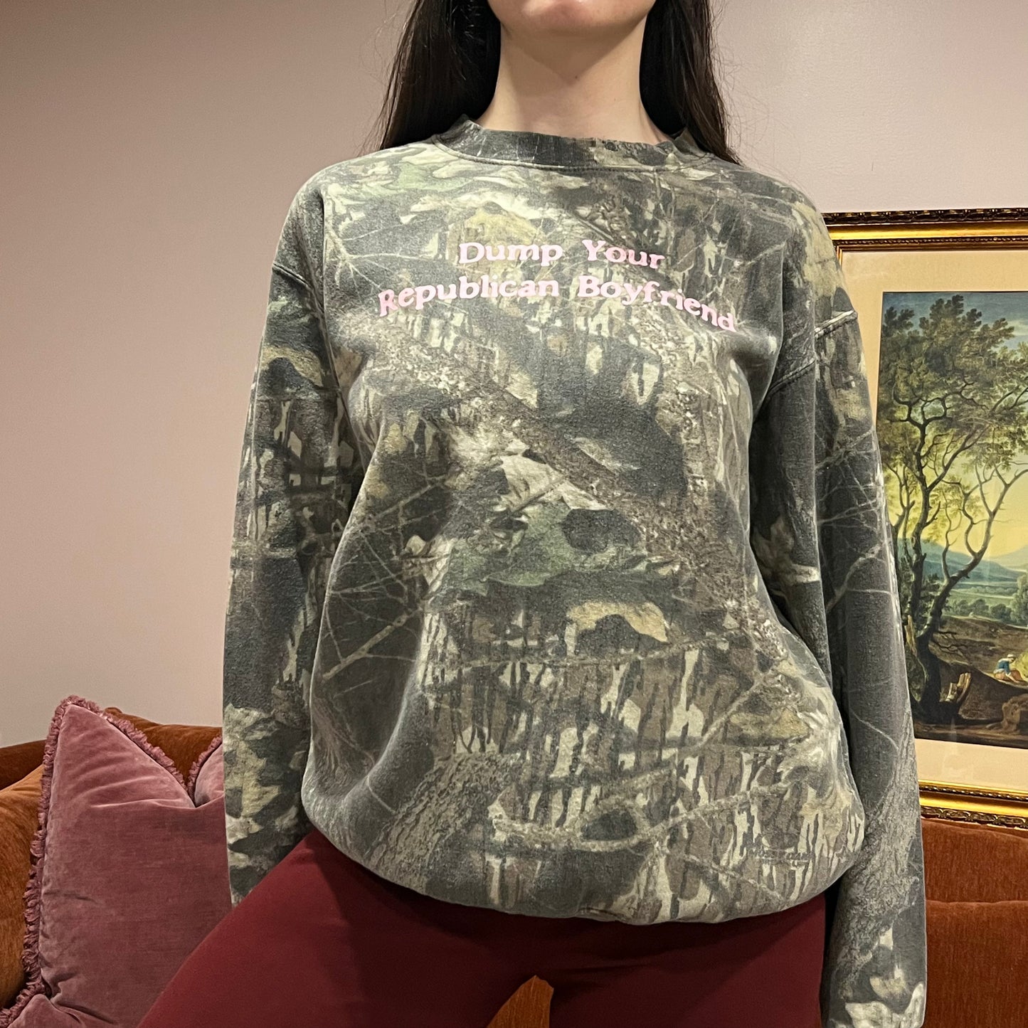 DUMP YOUR REPUBLICAN BOYFRIEND camo crewneck with pink text (L)