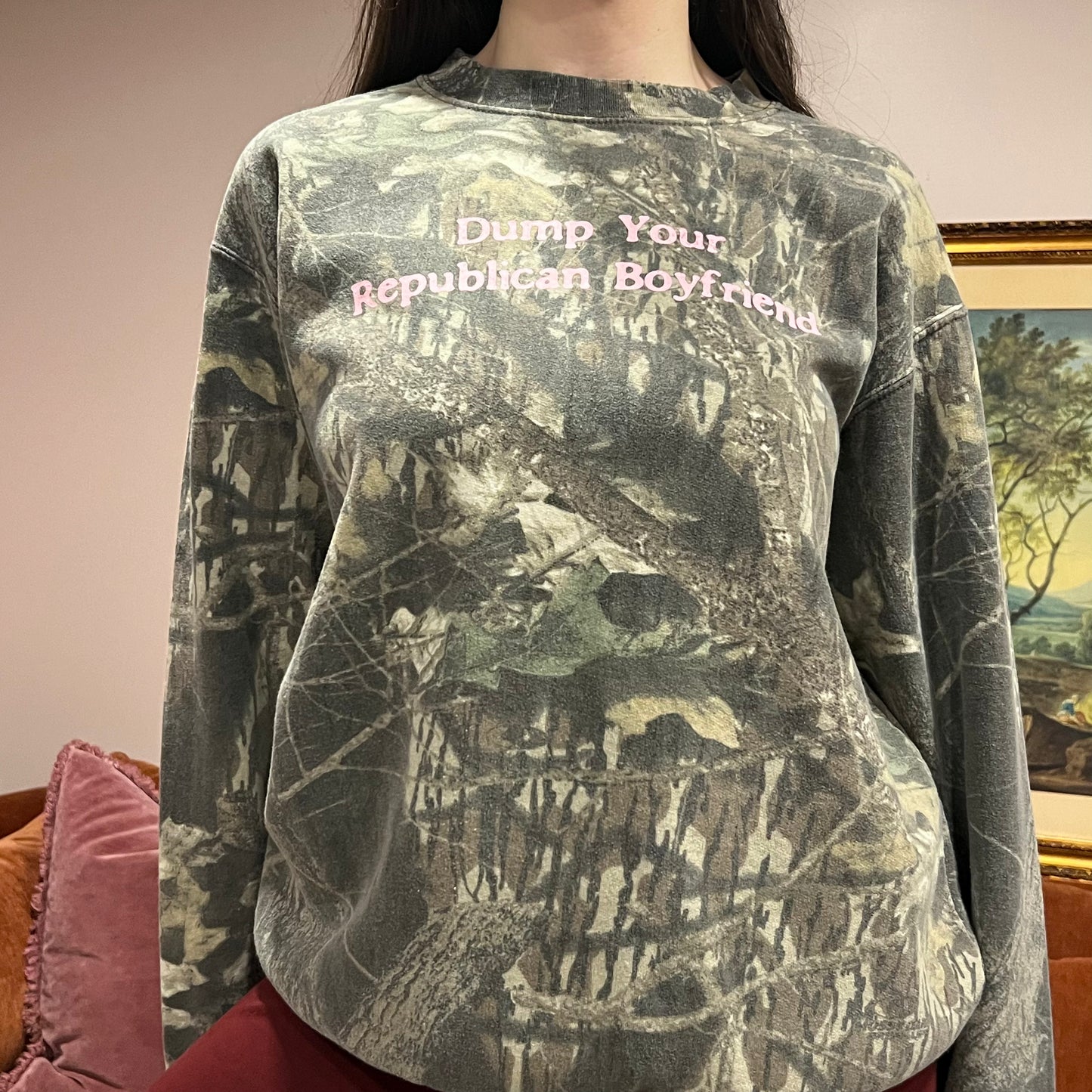 DUMP YOUR REPUBLICAN BOYFRIEND camo crewneck with pink text (L)