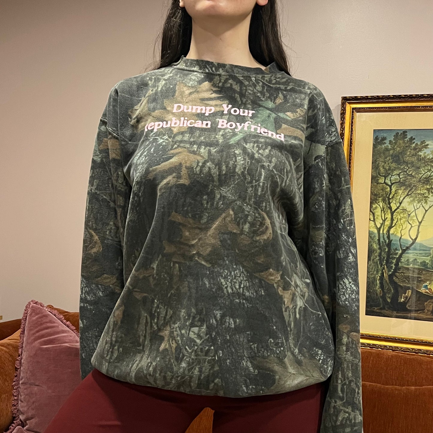 DUMP YOUR REPUBLICAN BOYFRIEND camo crewneck with pink text (L)