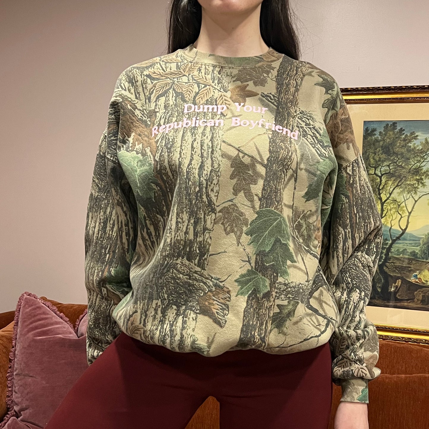 DUMP YOUR REPUBLICAN BOYFRIEND camo crewneck with pink text (XL)