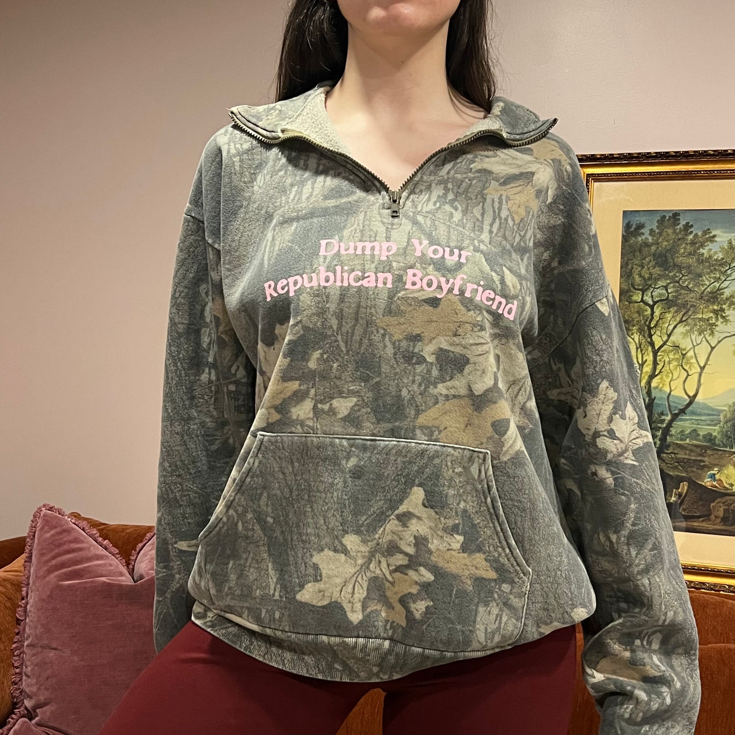 DUMP YOUR REPUBLICAN BOYFRIEND camo zip-up with pink text (XL)