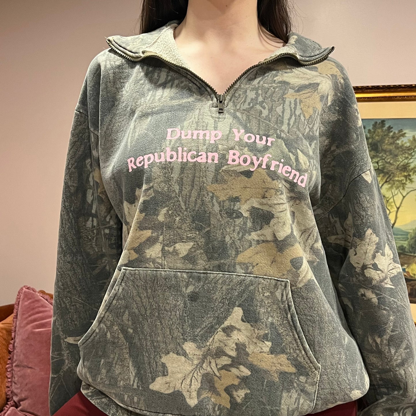 DUMP YOUR REPUBLICAN BOYFRIEND camo zip-up with pink text (XL)