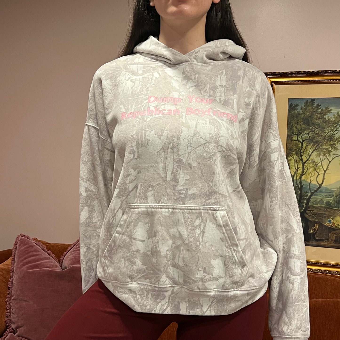 DUMP YOUR REPUBLICAN BOYFRIEND white camo hoodie with pink text (M)