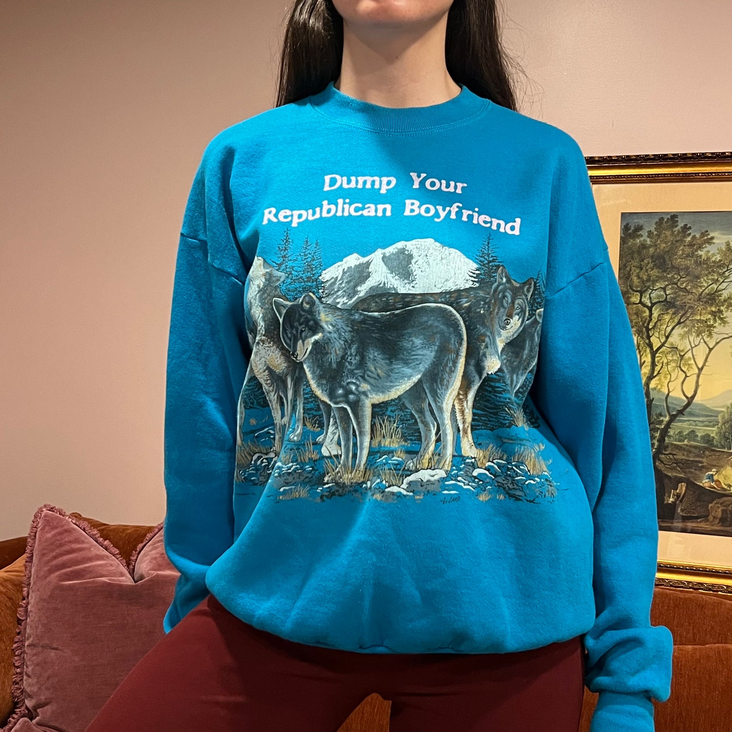 DUMP YOUR REPUBLICAN BOYFRIEND animal crewneck with pink text (XL)