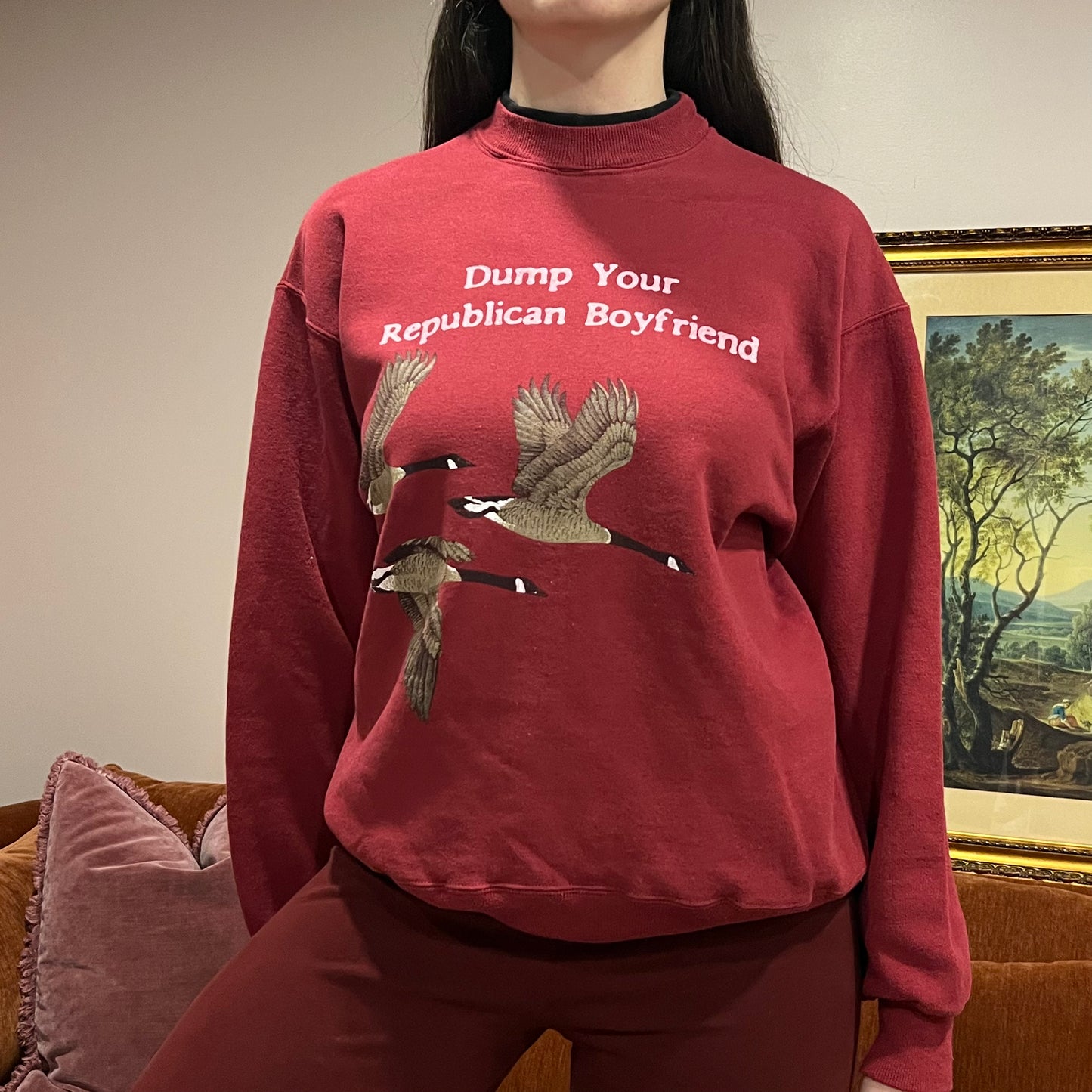 DUMP YOUR REPUBLICAN BOYFRIEND animal crewneck with pink text (L)