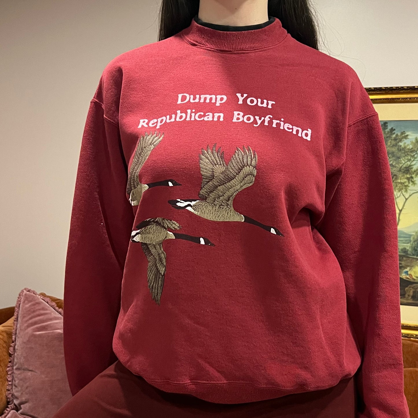 DUMP YOUR REPUBLICAN BOYFRIEND animal crewneck with pink text (L)