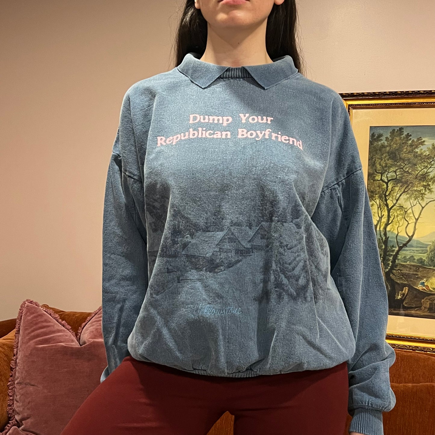 DUMP YOUR REPUBLICAN BOYFRIEND animal crewneck with pink text (L)