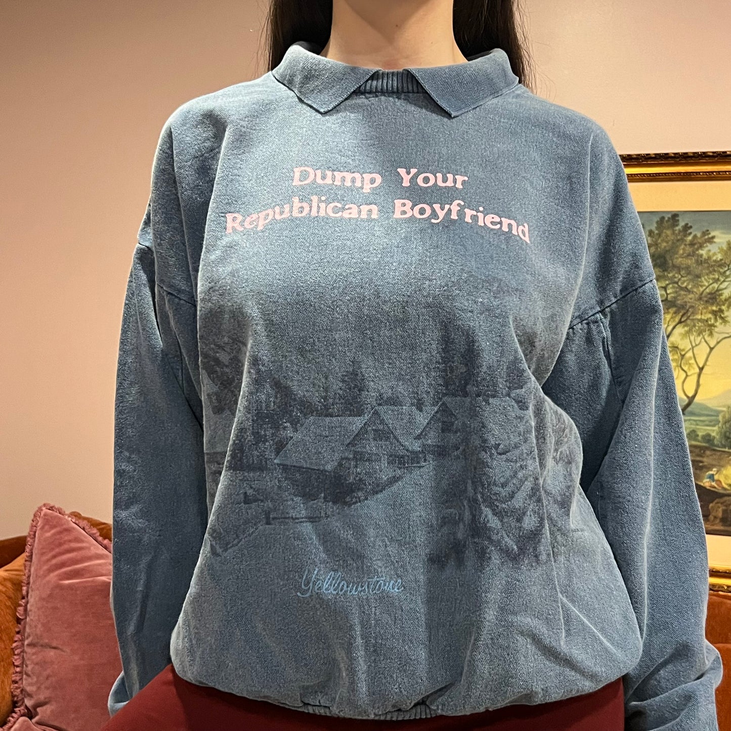 DUMP YOUR REPUBLICAN BOYFRIEND animal crewneck with pink text (L)
