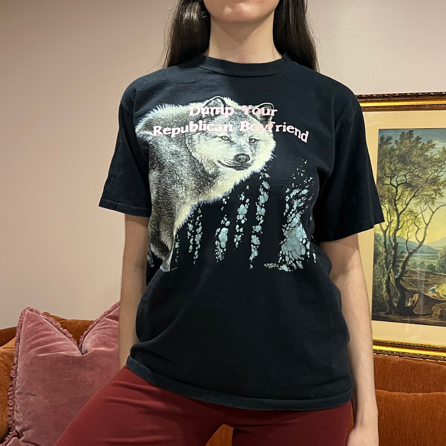 DUMP YOUR REPUBLICAN BOYFRIEND animal t-shirt with pink text (L)