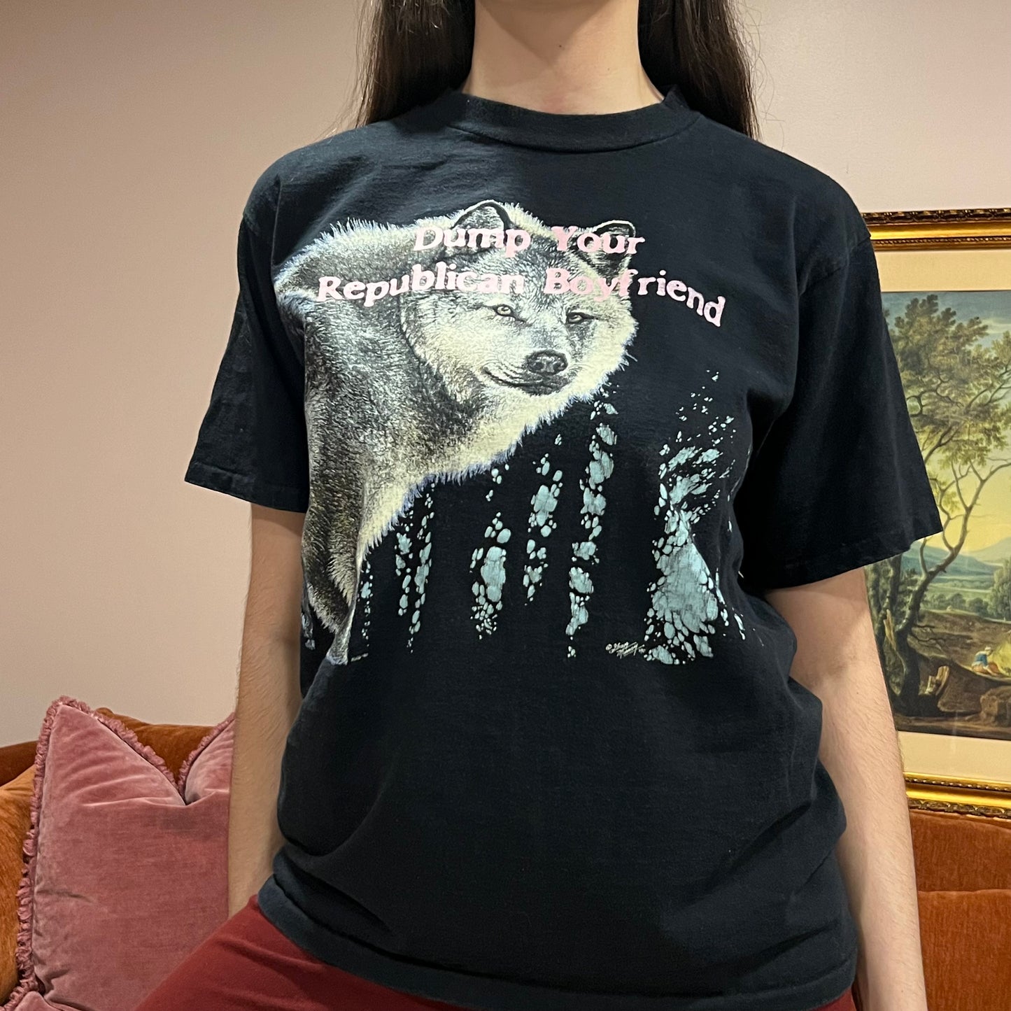 DUMP YOUR REPUBLICAN BOYFRIEND animal t-shirt with pink text (L)