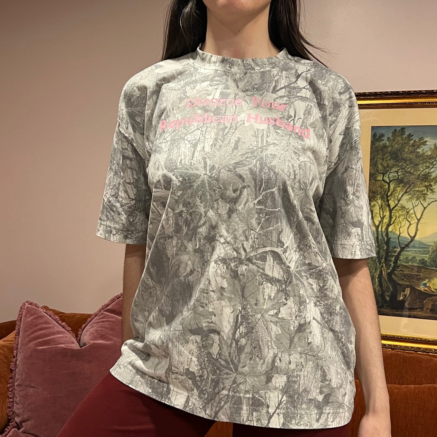 DIVORCE YOUR REPUBLICAN HUSBAND white camo t-shirt with pink text (L)