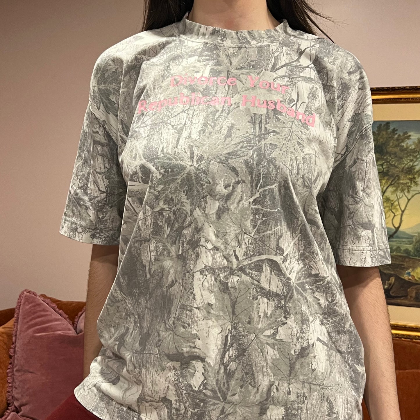 DIVORCE YOUR REPUBLICAN HUSBAND white camo t-shirt with pink text (L)