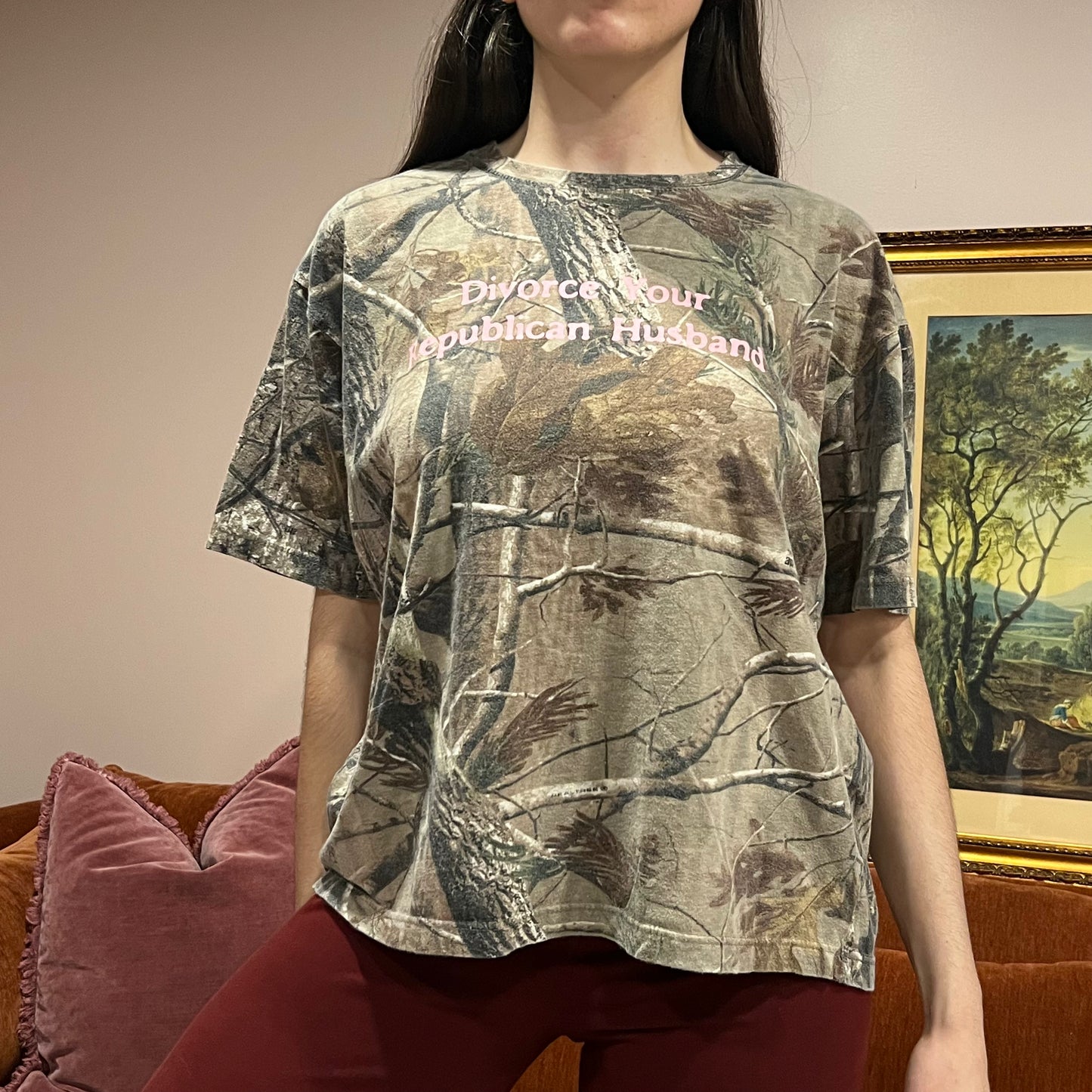 DIVORCE YOUR REPUBLICAN HUSBAND camo t-shirt with pink text (L)