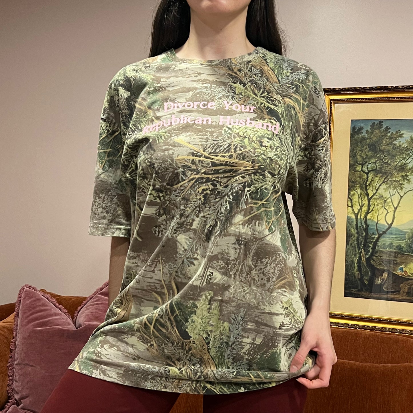 DIVORCE YOUR REPUBLICAN HUSBAND camo t-shirt with pink text (XL)