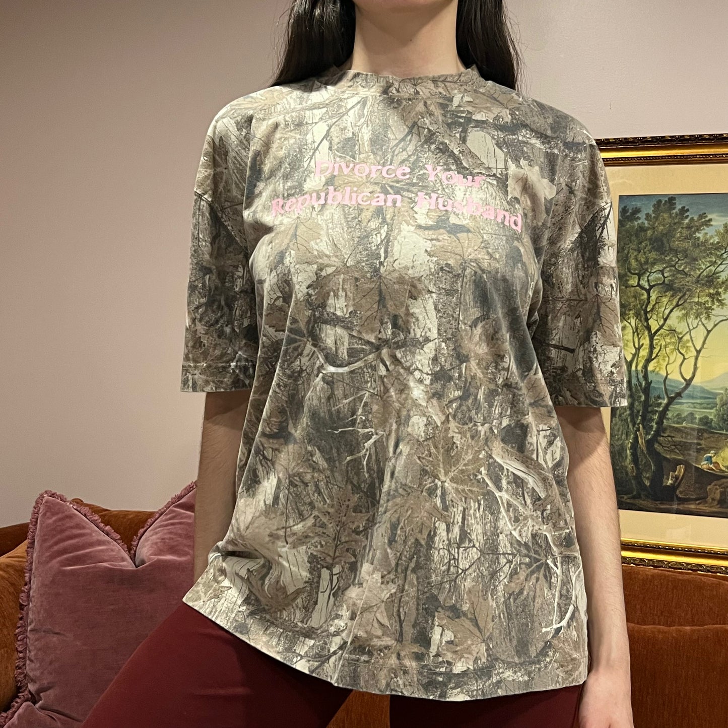DIVORCE YOUR REPUBLICAN HUSBAND camo t-shirt with pink text (L)
