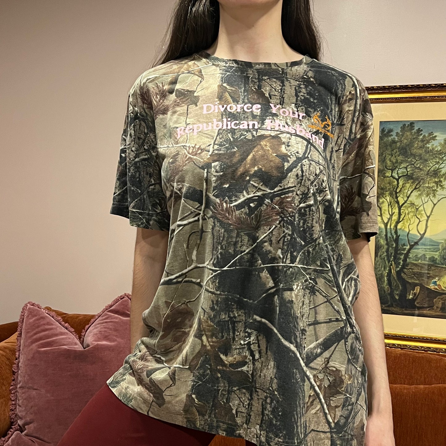 DIVORCE YOUR REPUBLICAN HUSBAND camo t-shirt with pink text (XL)