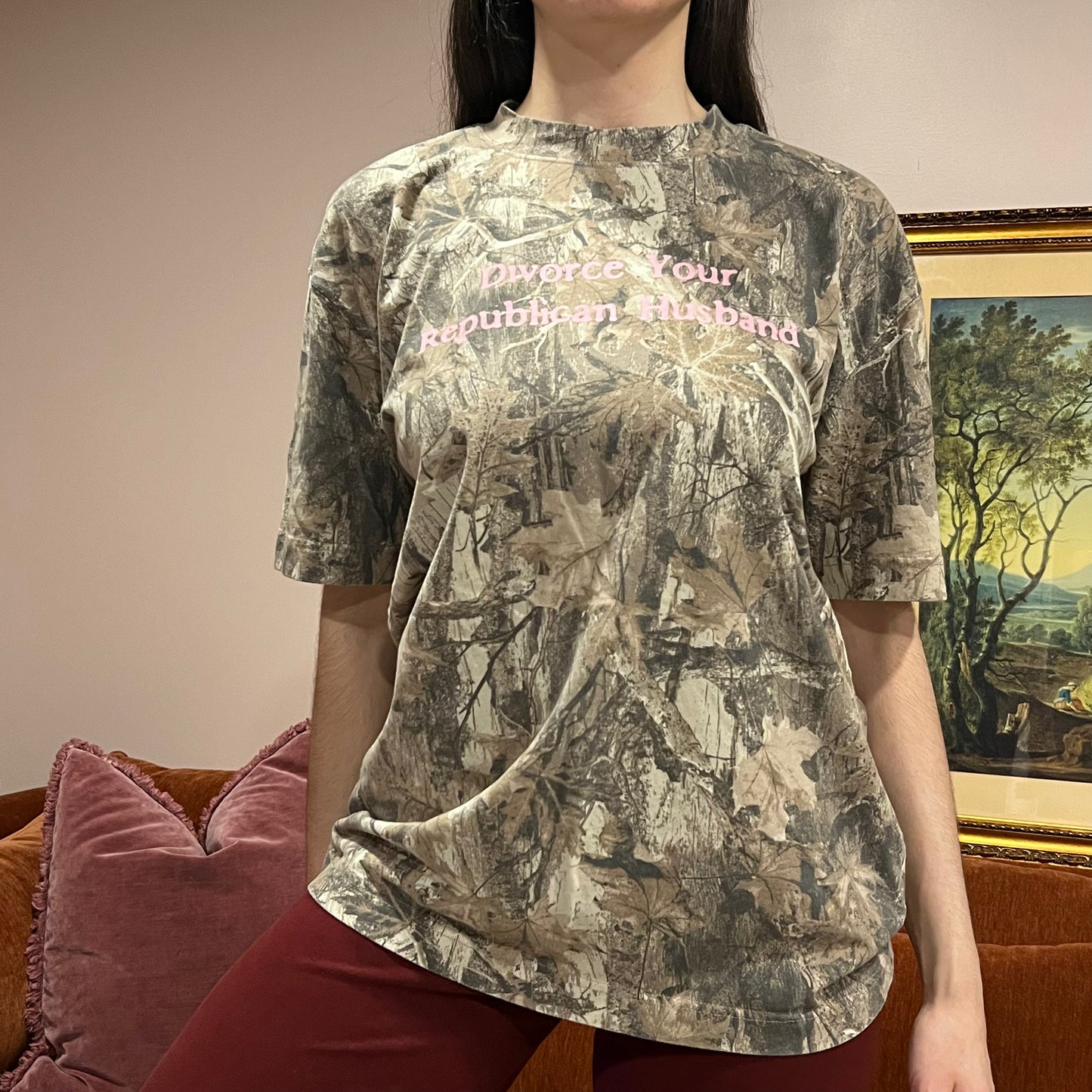 DIVORCE YOUR REPUBLICAN HUSBAND camo t-shirt with pink text (M)