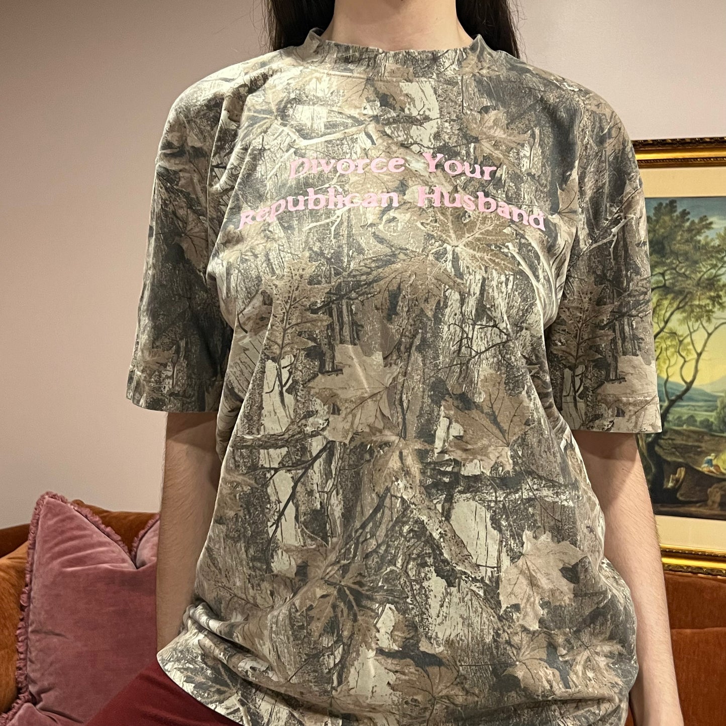 DIVORCE YOUR REPUBLICAN HUSBAND camo t-shirt with pink text (M)