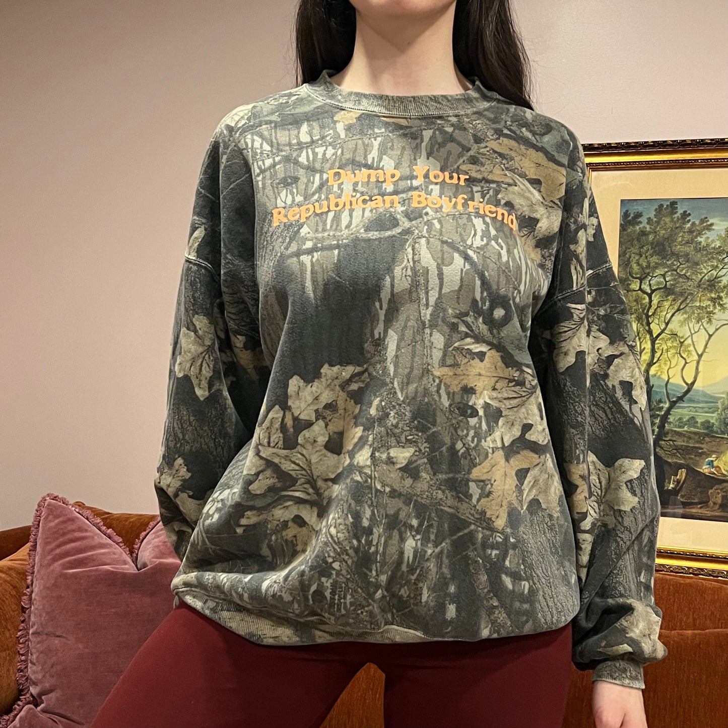 DUMP YOUR REPUBLICAN BOYFRIEND camo crewneck with orange text (2XL)