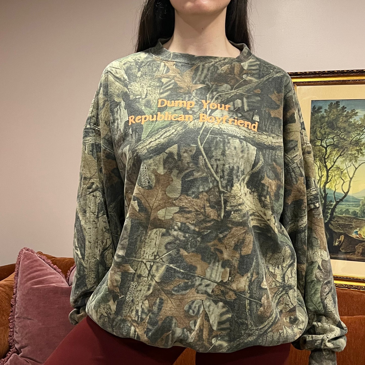 DUMP YOUR REPUBLICAN BOYFRIEND camo crewneck with orange text (2XL)