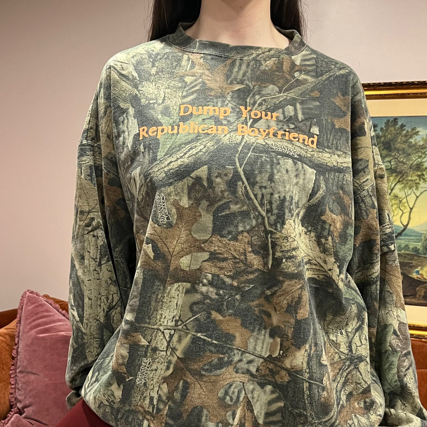 DUMP YOUR REPUBLICAN BOYFRIEND camo crewneck with orange text (2XL)