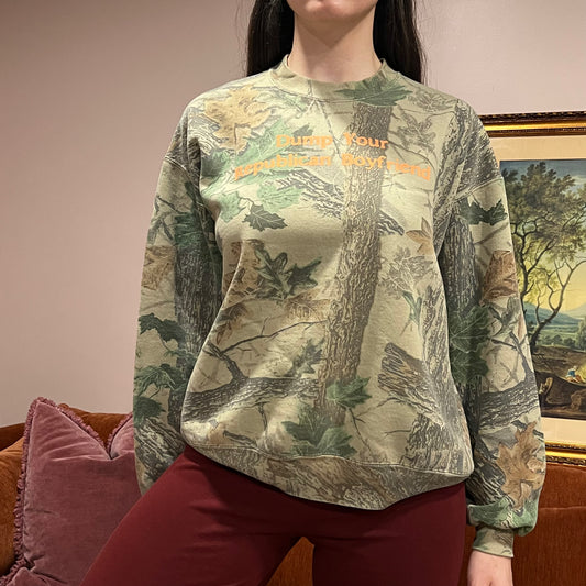 DUMP YOUR REPUBLICAN BOYFRIEND camo crewneck with orange text (L)