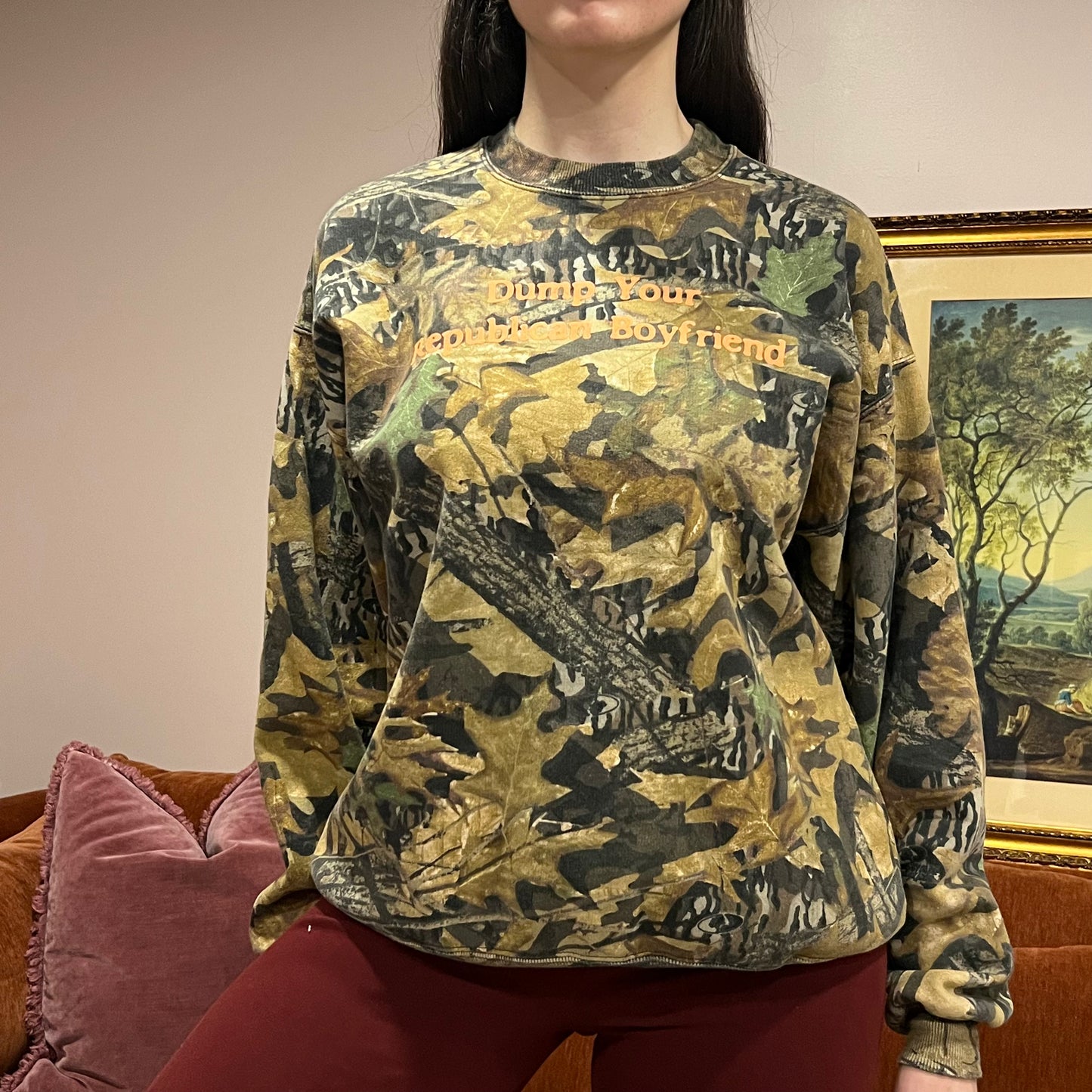 DUMP YOUR REPUBLICAN BOYFRIEND camo crewneck with orange text (L)