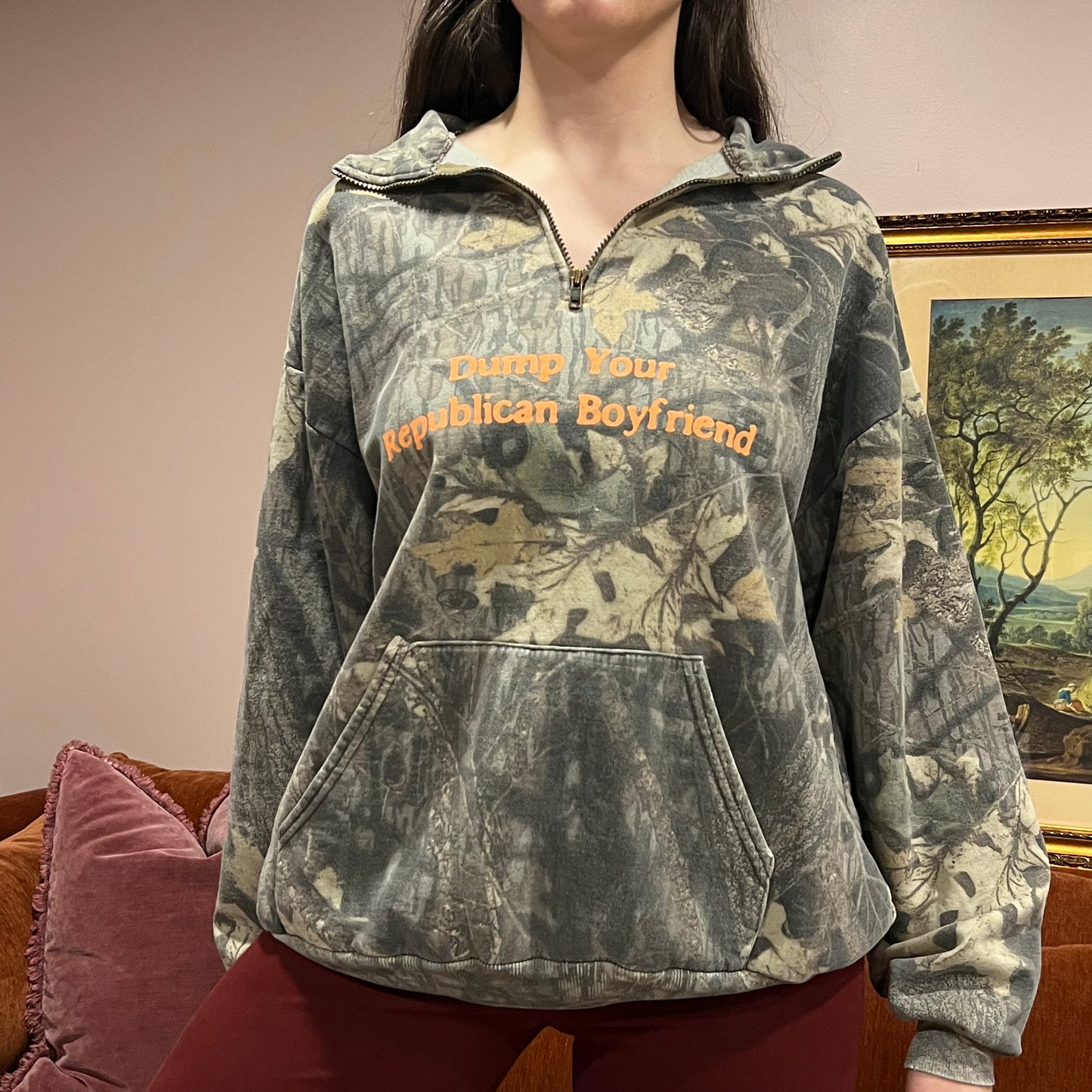 DUMP YOUR REPUBLICAN BOYFRIEND camo zip-up with orange text (XL)