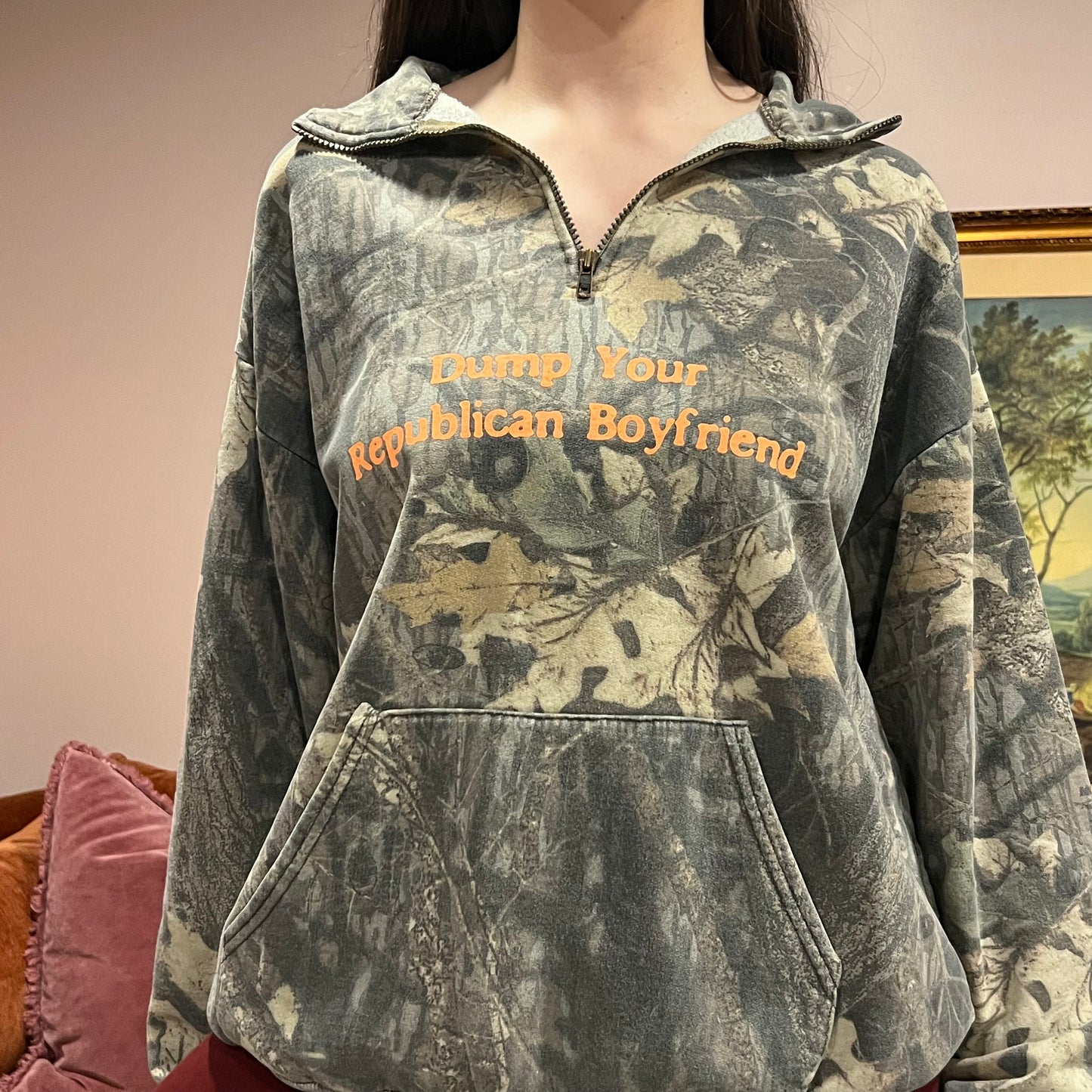 DUMP YOUR REPUBLICAN BOYFRIEND camo zip-up with orange text (XL)