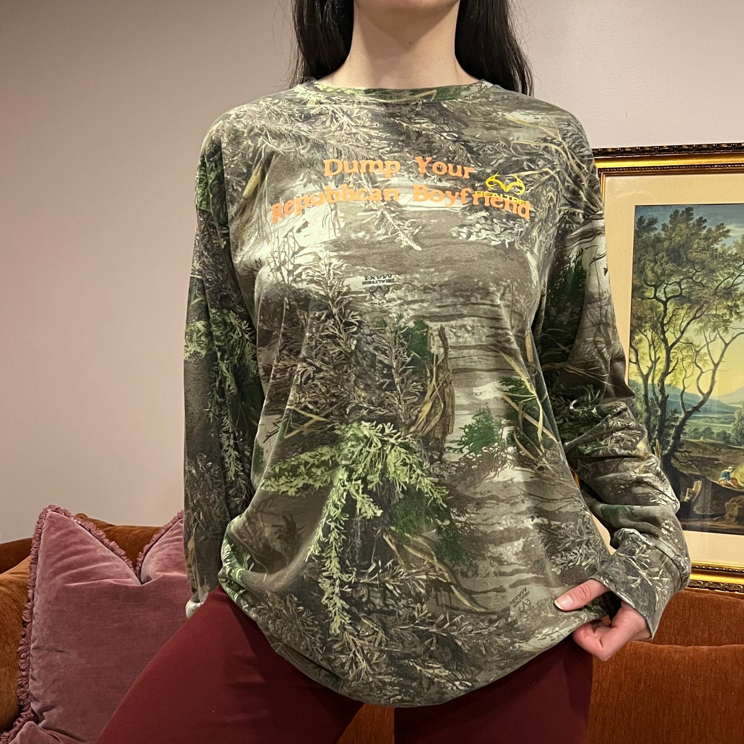 DUMP YOUR REPUBLICAN BOYFRIEND camo long sleeve t-shirt with orange text (XL)