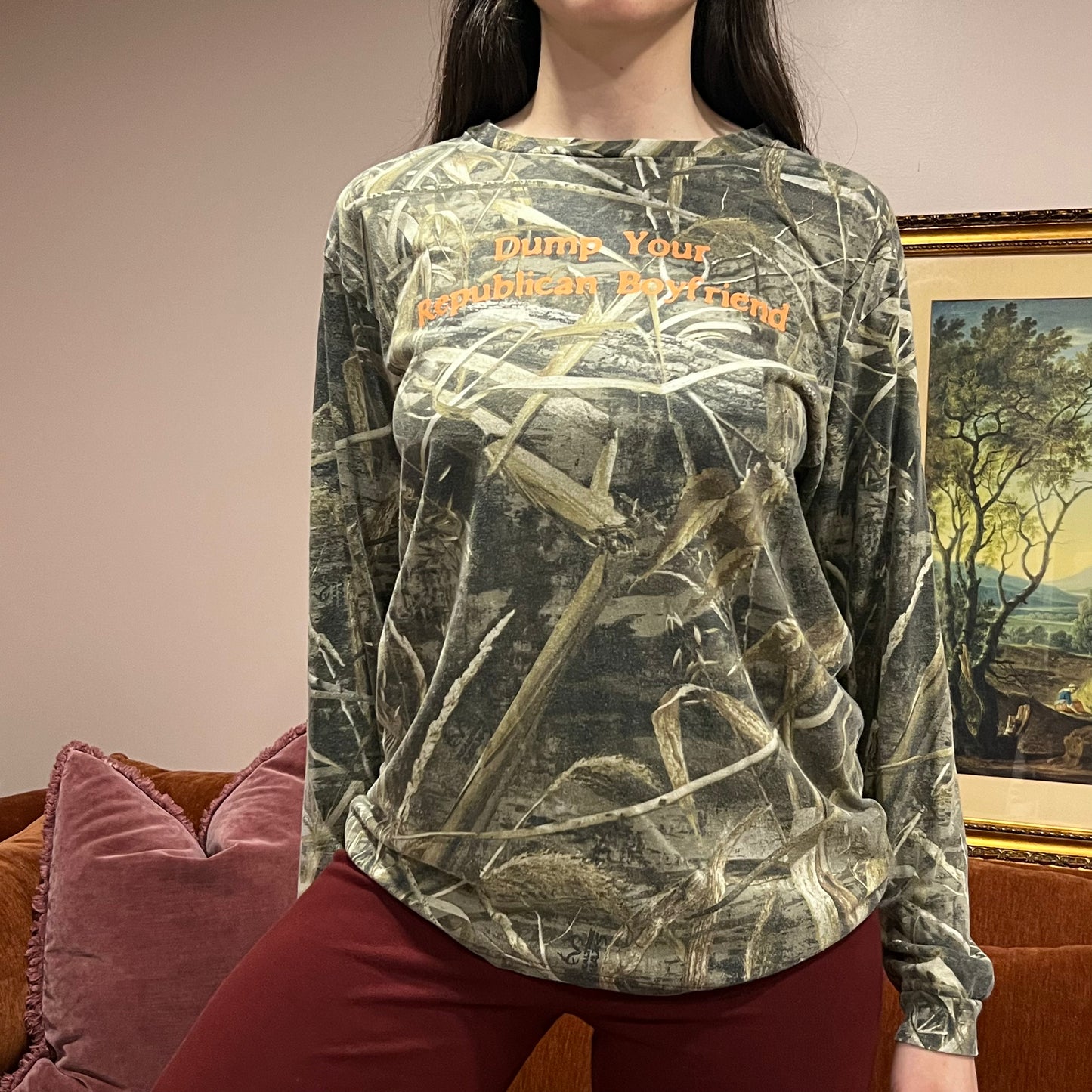 DUMP YOUR REPUBLICAN BOYFRIEND camo long sleeve t-shirt with orange text (L)