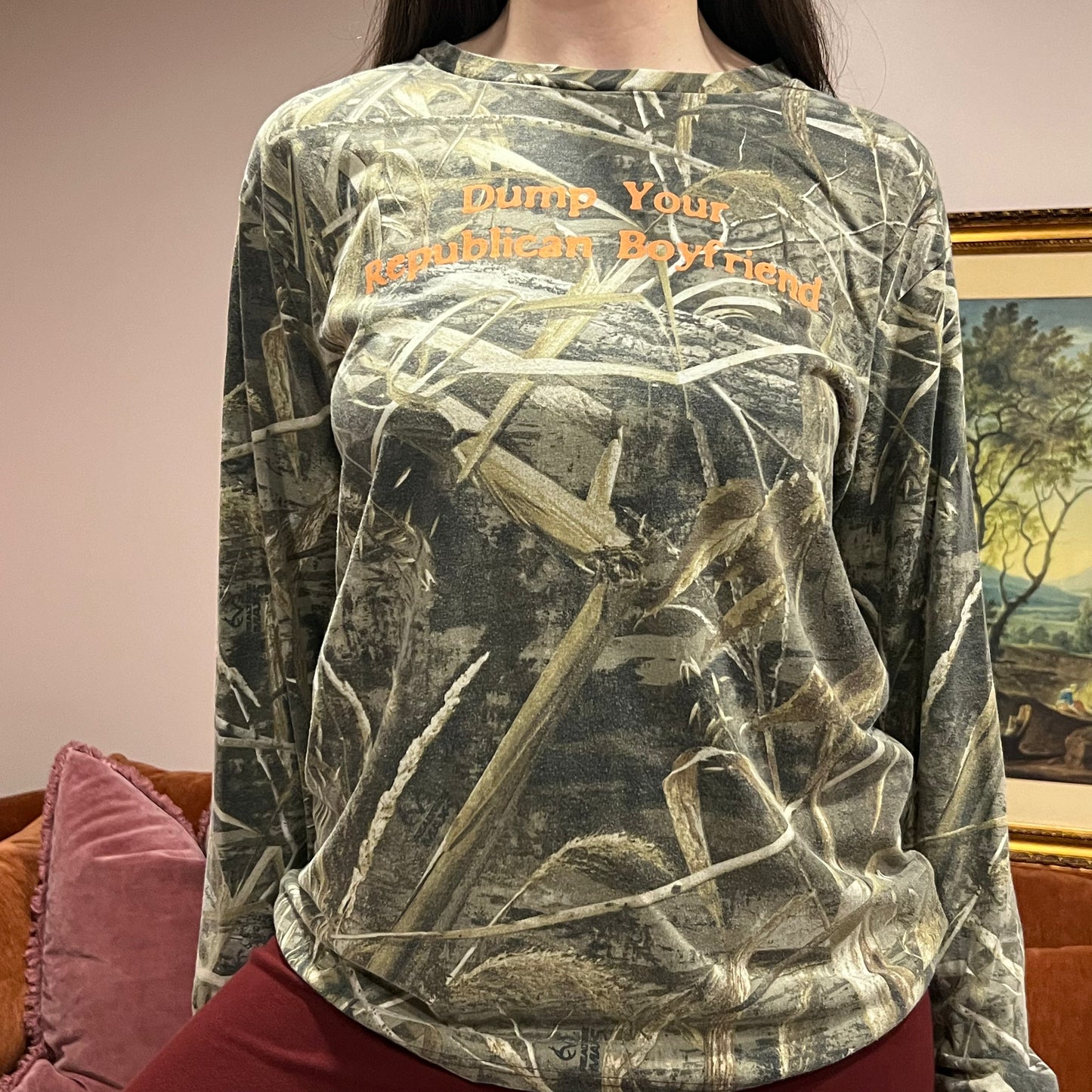 DUMP YOUR REPUBLICAN BOYFRIEND camo long sleeve t-shirt with orange text (L)