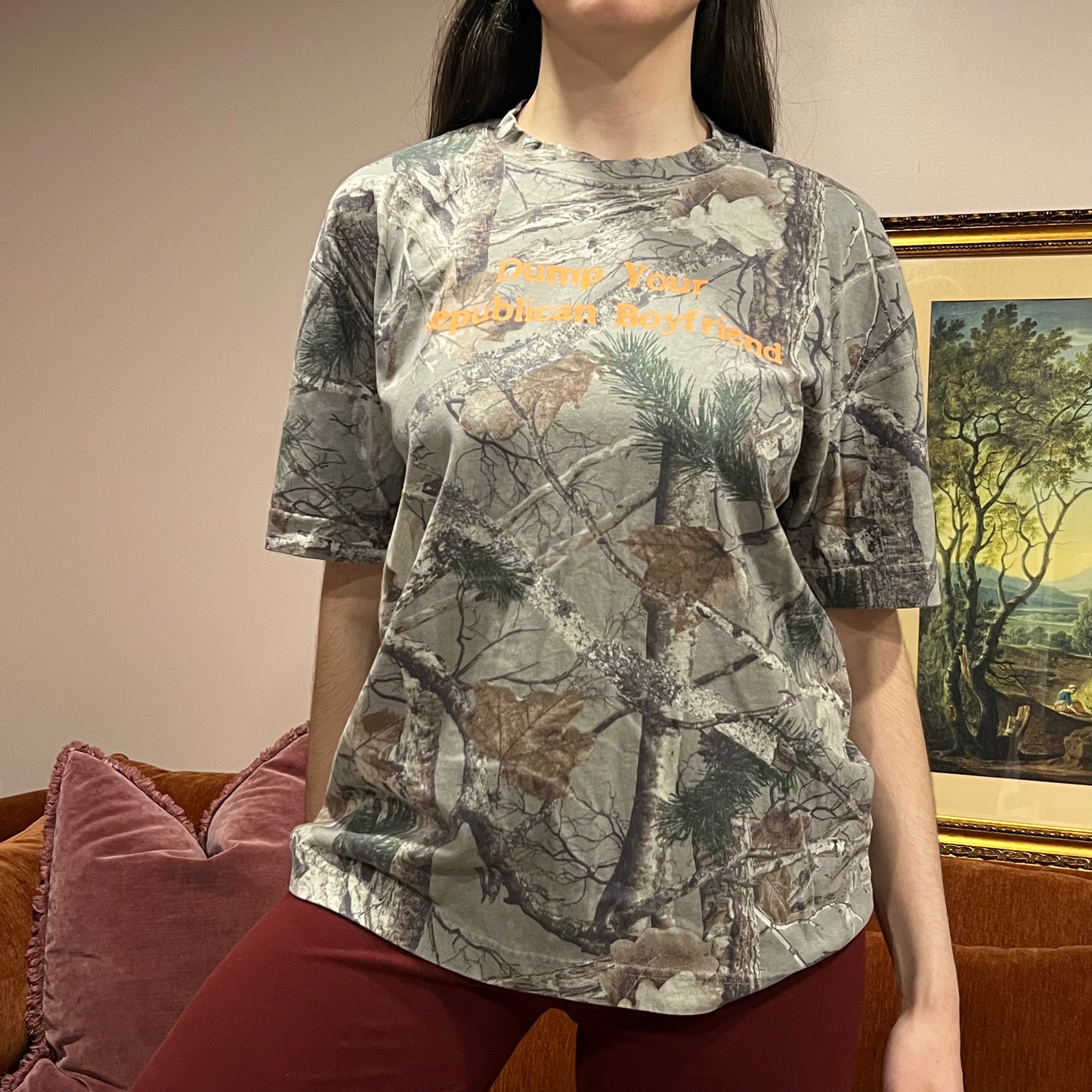 DUMP YOUR REPUBLICAN BOYFRIEND camo t-shirt with orange text (M)